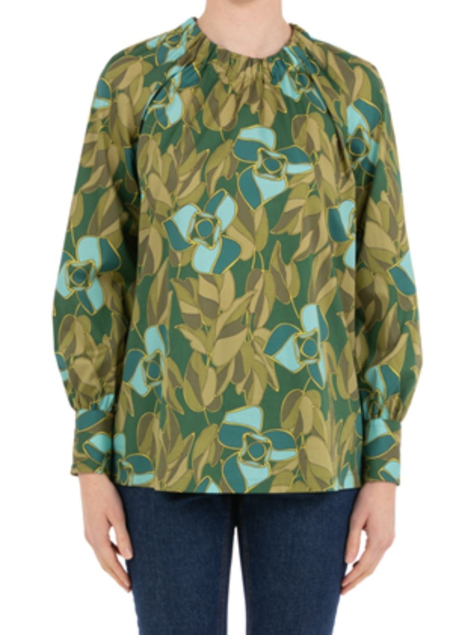 Clothing Caliban | Caliban Ruffle Neck Floral Print Top Green