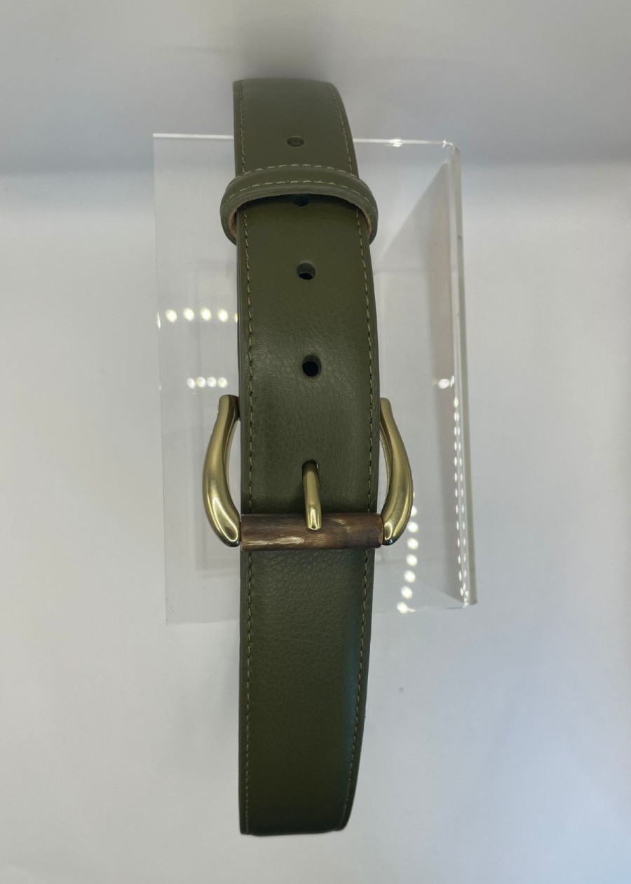 Accessories W.Kleinberg | W.Kleinberg Luscious Calf Belt With Horn Buckle Military