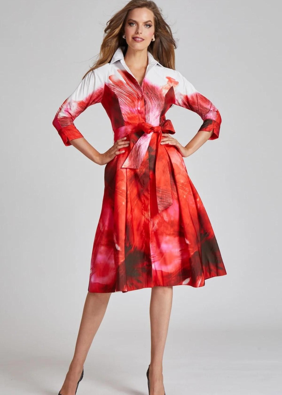 Clothing Teri Jon | Teri Jon Taffeta Fil Border Print Shirt Dress Red Multi