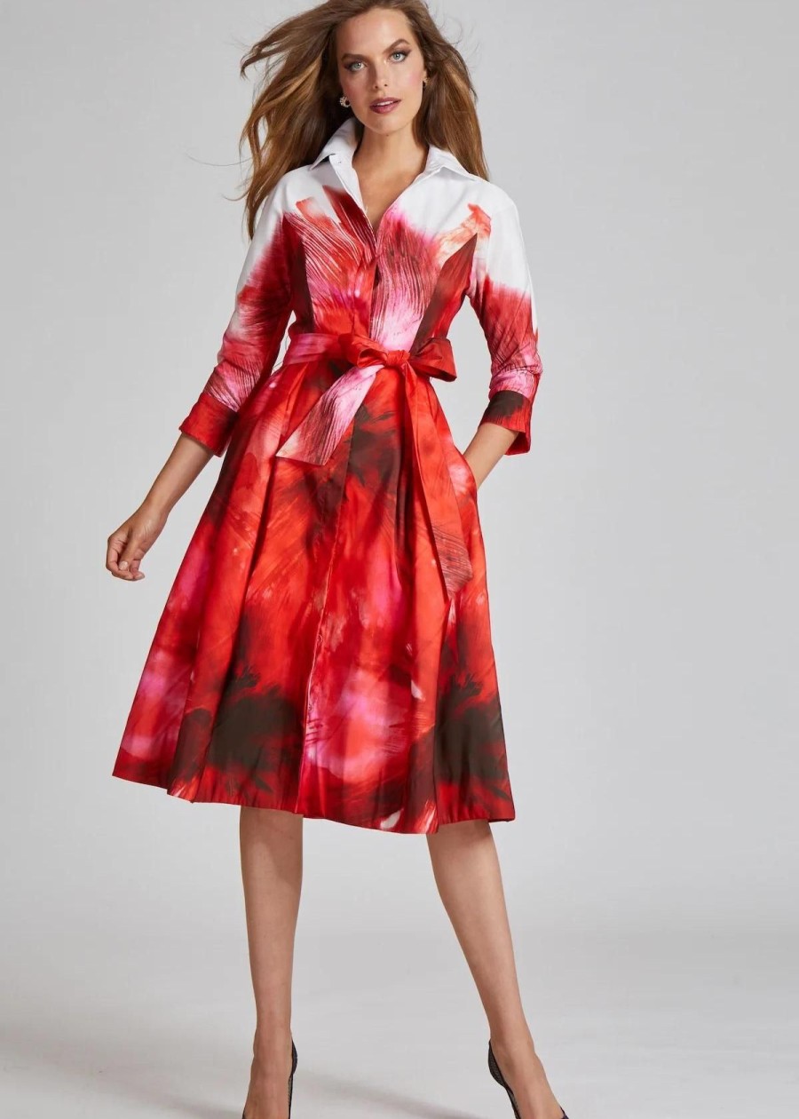 Clothing Teri Jon | Teri Jon Taffeta Fil Border Print Shirt Dress Red Multi