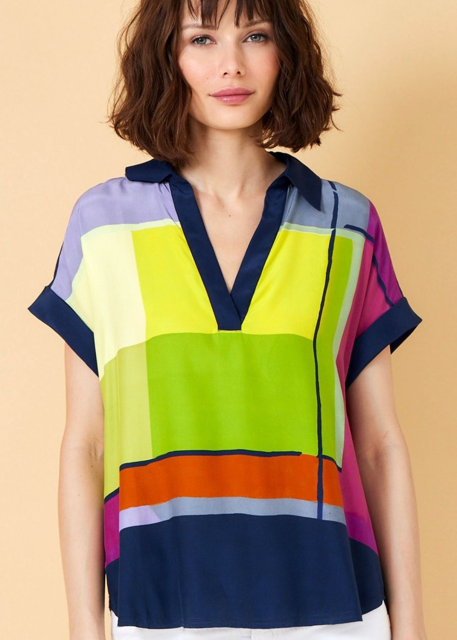 Clothing Go Silk | Go Silk "Go Polo" Printed Placed Top Color Blocks