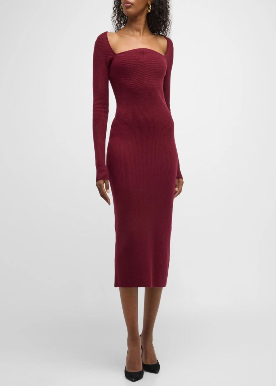 Clothing Jason Wu | Jason Wu Ribbed Knit Curved Neck Midi Dress Burgundy