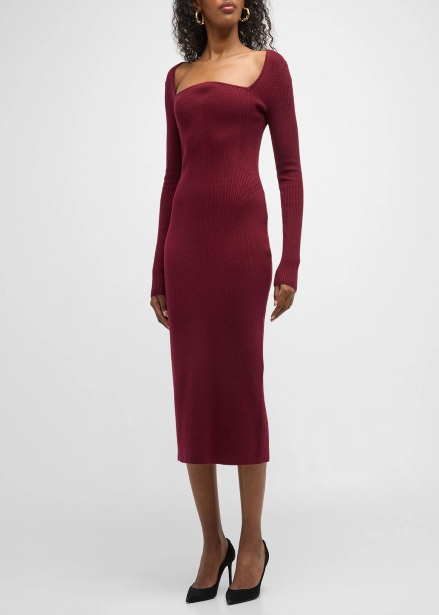 Clothing Jason Wu | Jason Wu Ribbed Knit Curved Neck Midi Dress Burgundy