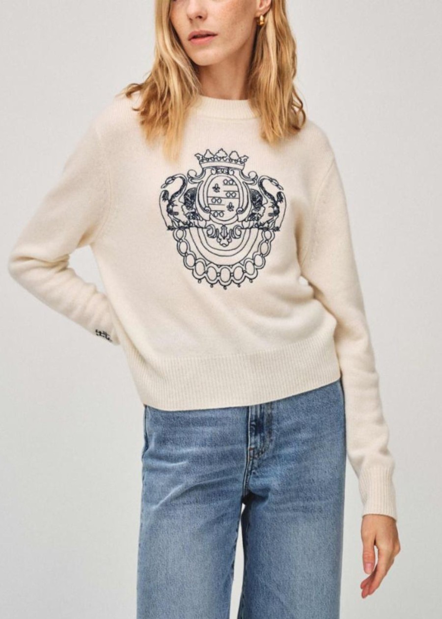 Clothing White + Warren | White + Warren Coat Of Arms Embroidered Sweater Soft White