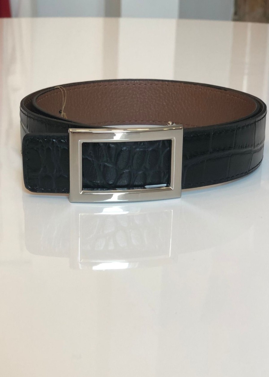 Accessories W.Kleinberg | W.Kleinberg Reversible Pebble Calf And Embossed Croc Belt