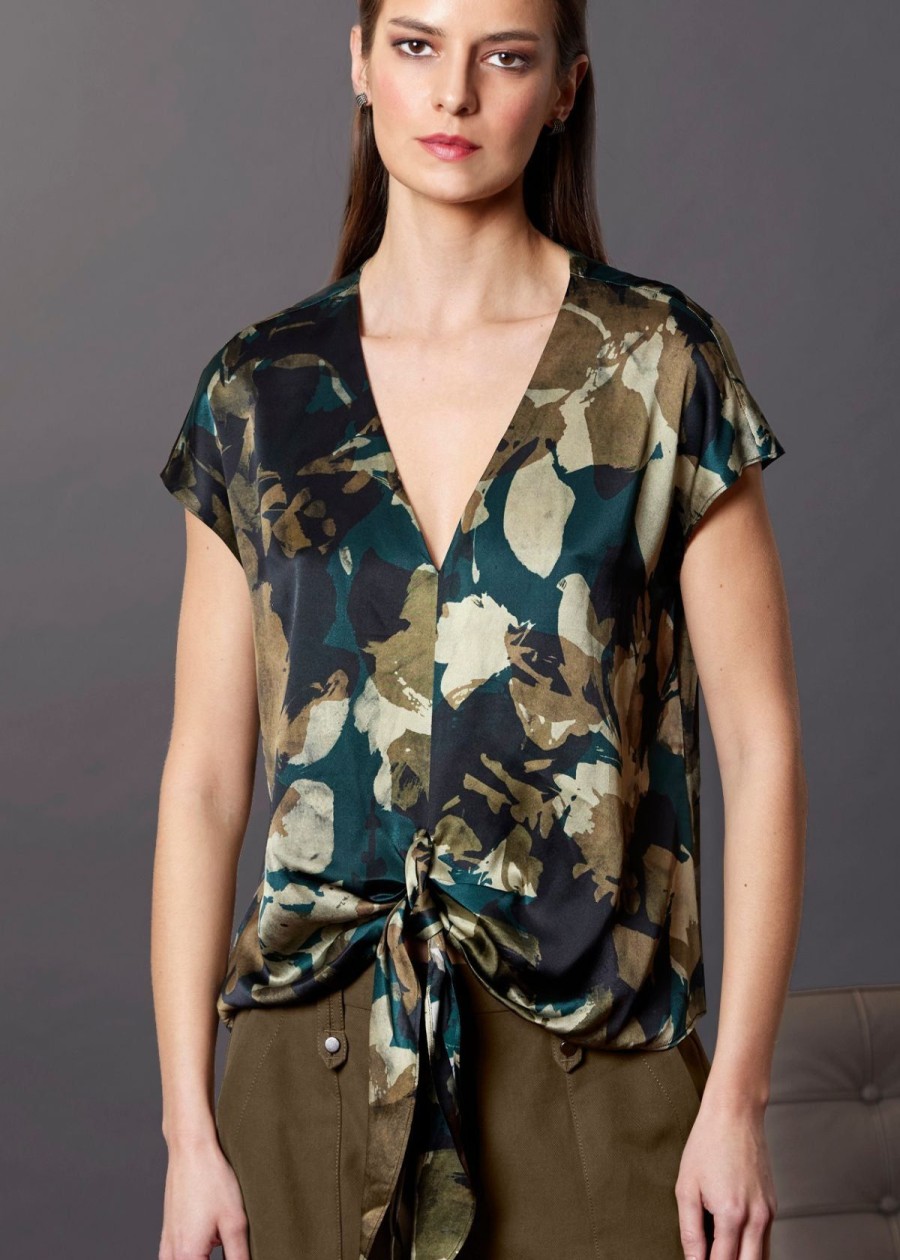 Clothing Go Silk | Go Silk "Go Tie A Knot" Top Woodlands Print