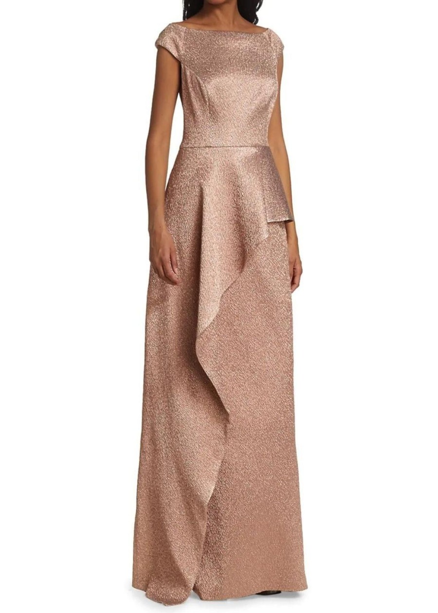 Clothing Teri Jon | Teri Jon Jacquard Side Drape Overlay Gown In Rose Gold