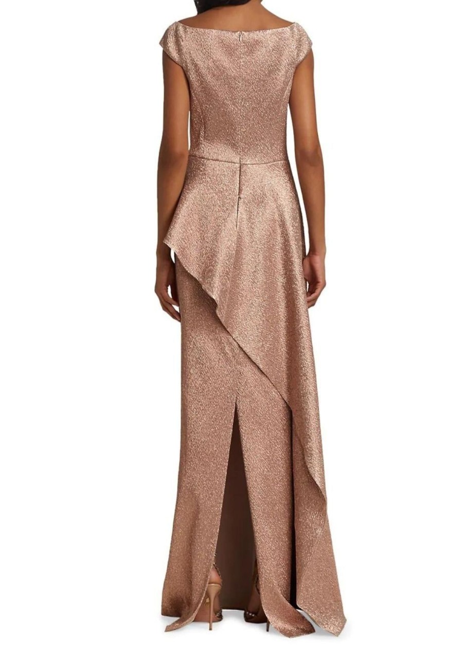 Clothing Teri Jon | Teri Jon Jacquard Side Drape Overlay Gown In Rose Gold