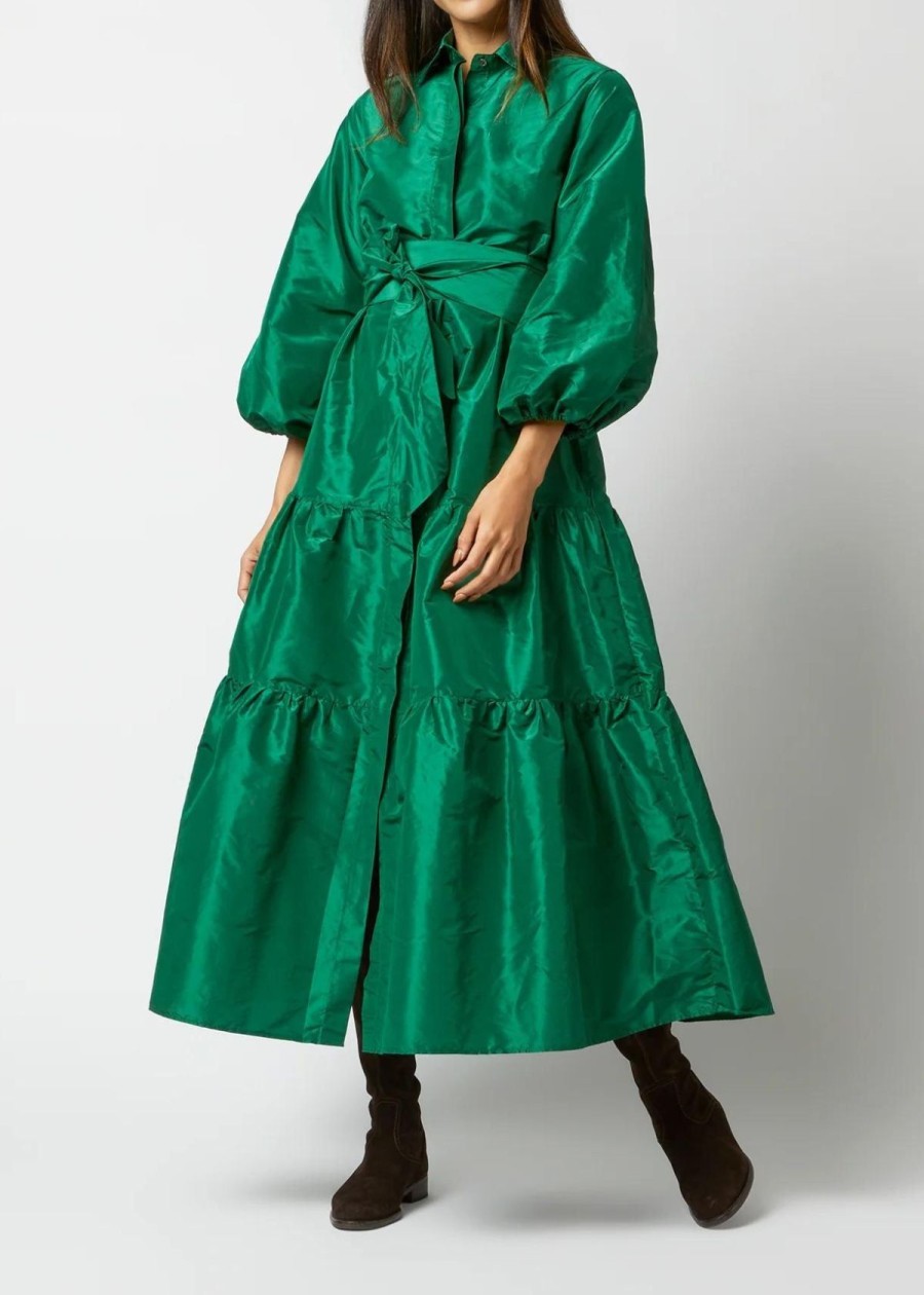 Clothing ANN MASHBURN | Ann Mashburn Isla Shirtdress Green Silk Taffeta