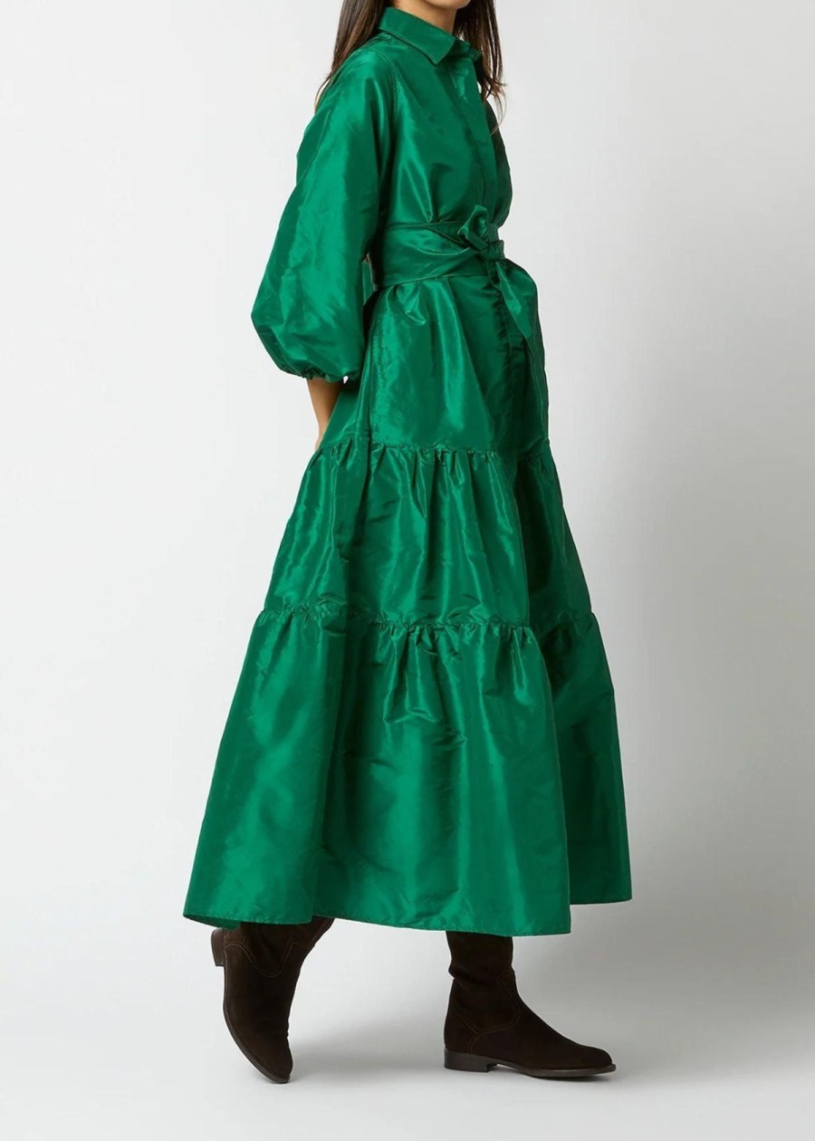 Clothing ANN MASHBURN | Ann Mashburn Isla Shirtdress Green Silk Taffeta