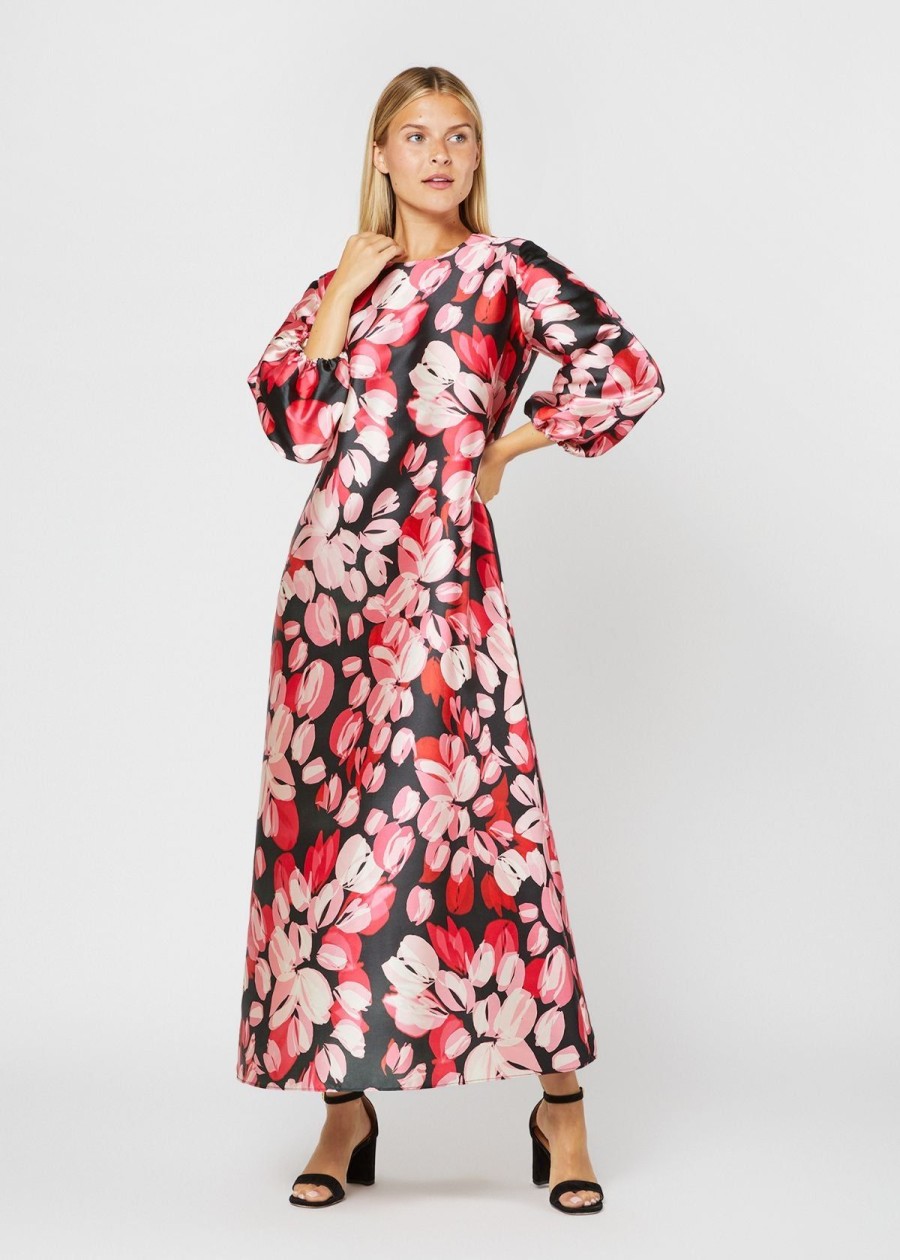 Clothing ANN MASHBURN | Ann Mashburn Long Sleeve Paige Maxi Dress - Pink & Black Floral Pink/Black Painterly Floral Print