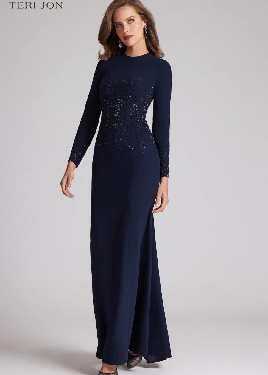 Clothing Teri Jon | Teri Jon Crepe Beaded Long Sleeve Gown Midnight