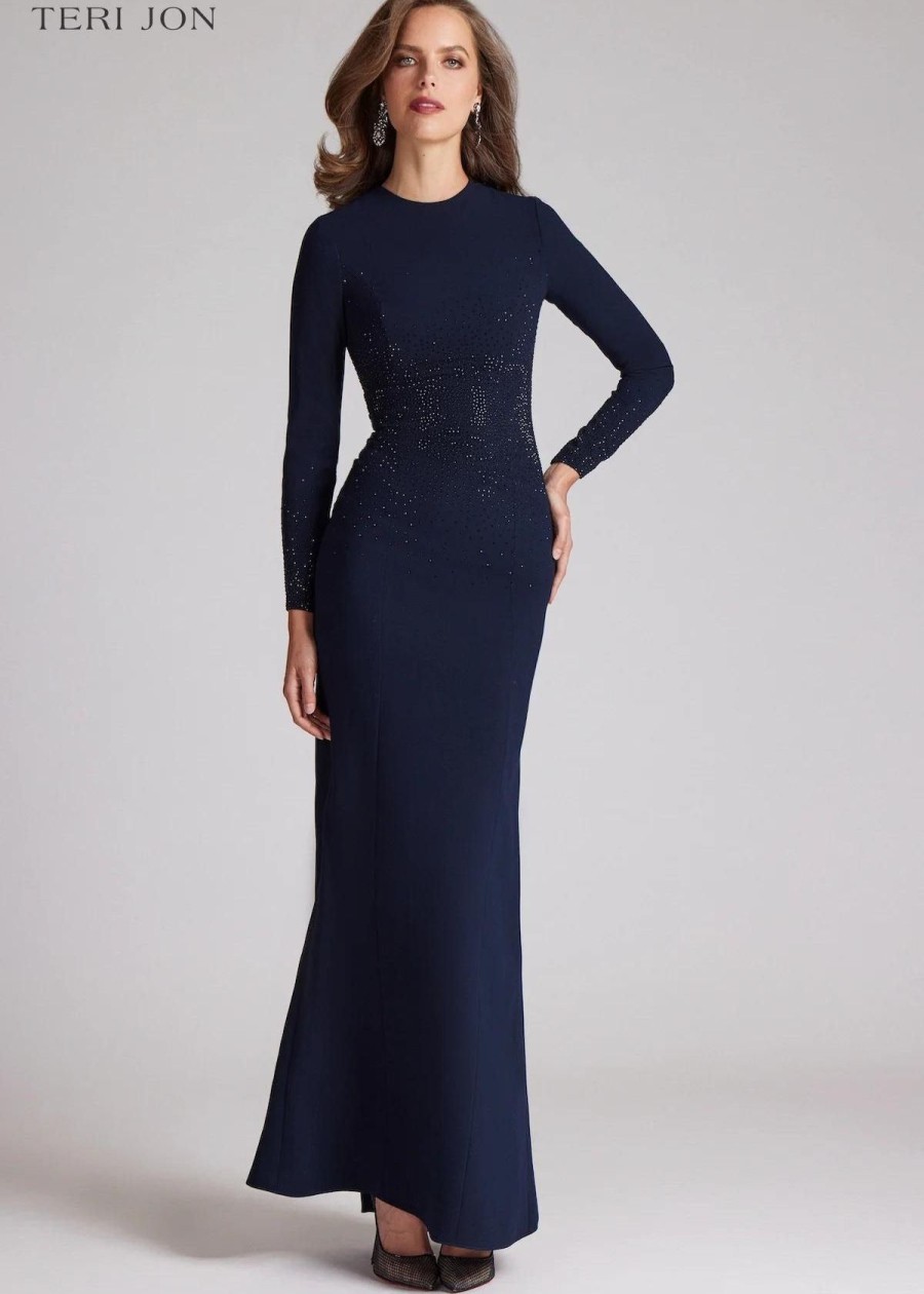 Clothing Teri Jon | Teri Jon Crepe Beaded Long Sleeve Gown Midnight