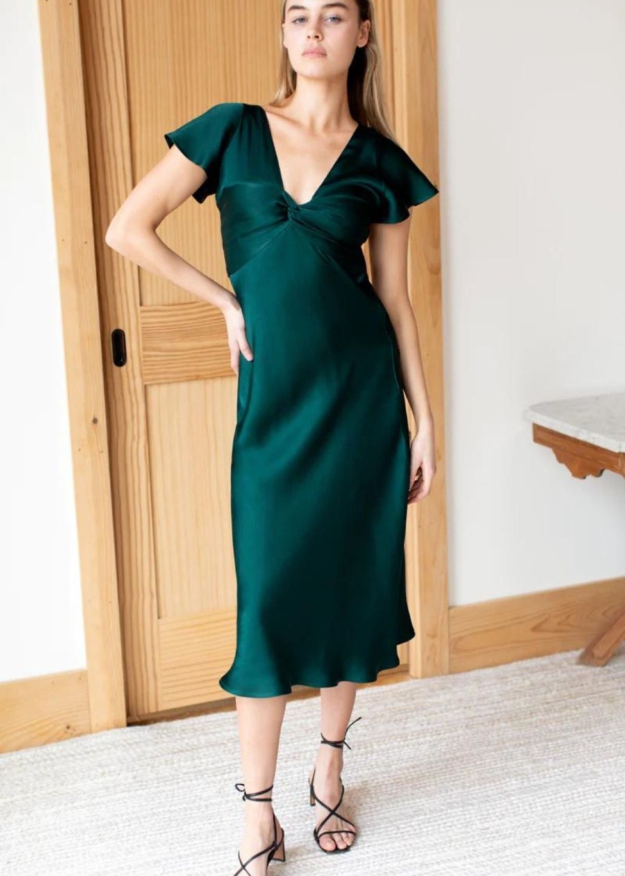 Clothing Emerson Fry | Emerson Fry Knot Front Dress Botanical Green Satin