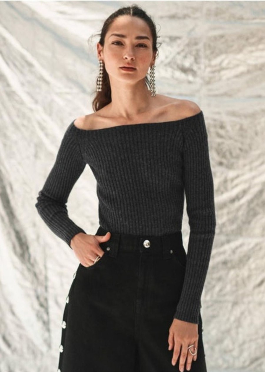 Clothing White + Warren | White + Warren Cashmere Off Shoulder Sweater Charcoal Heather