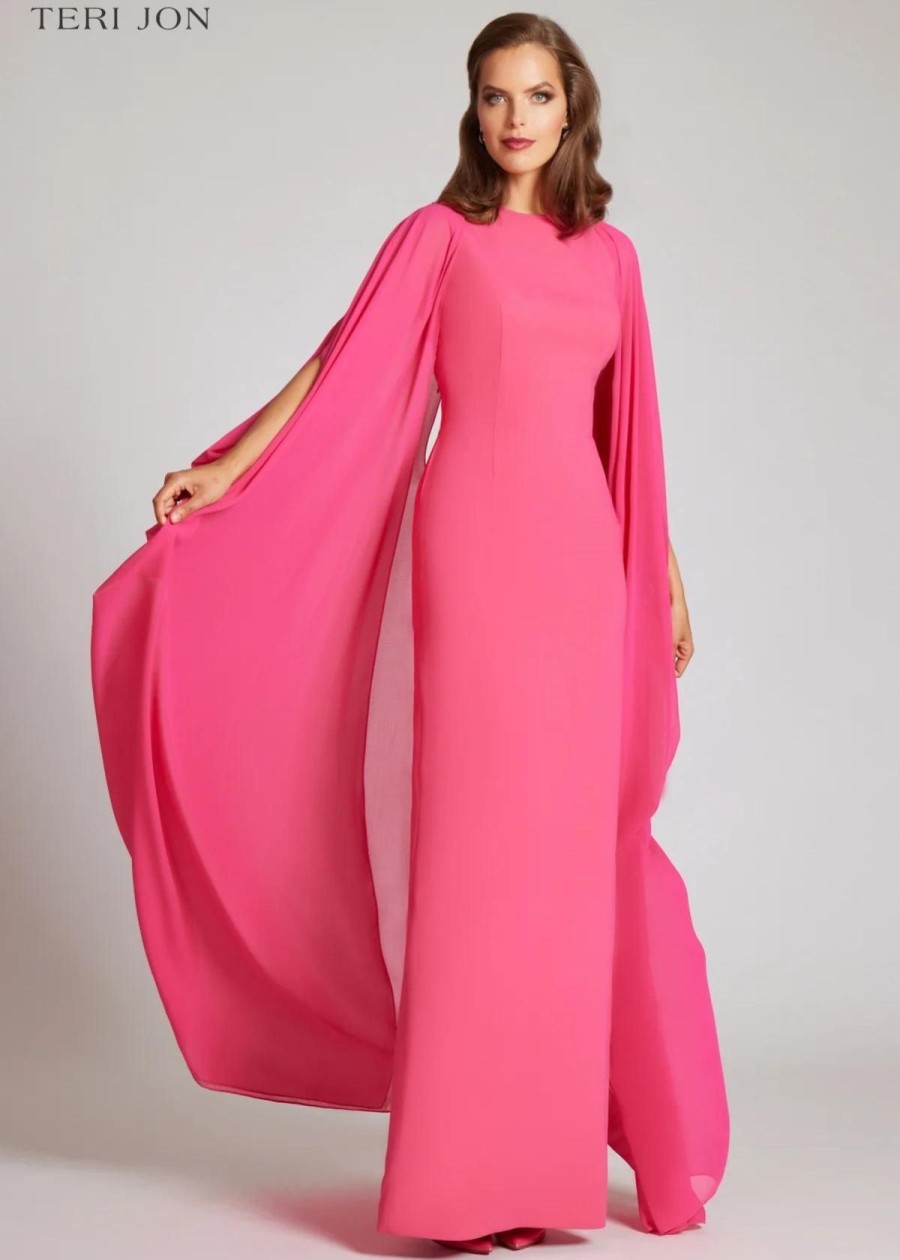 Clothing Teri Jon | Teri Jon Crepe Column Gown With Chiffon Overlay Watermelon