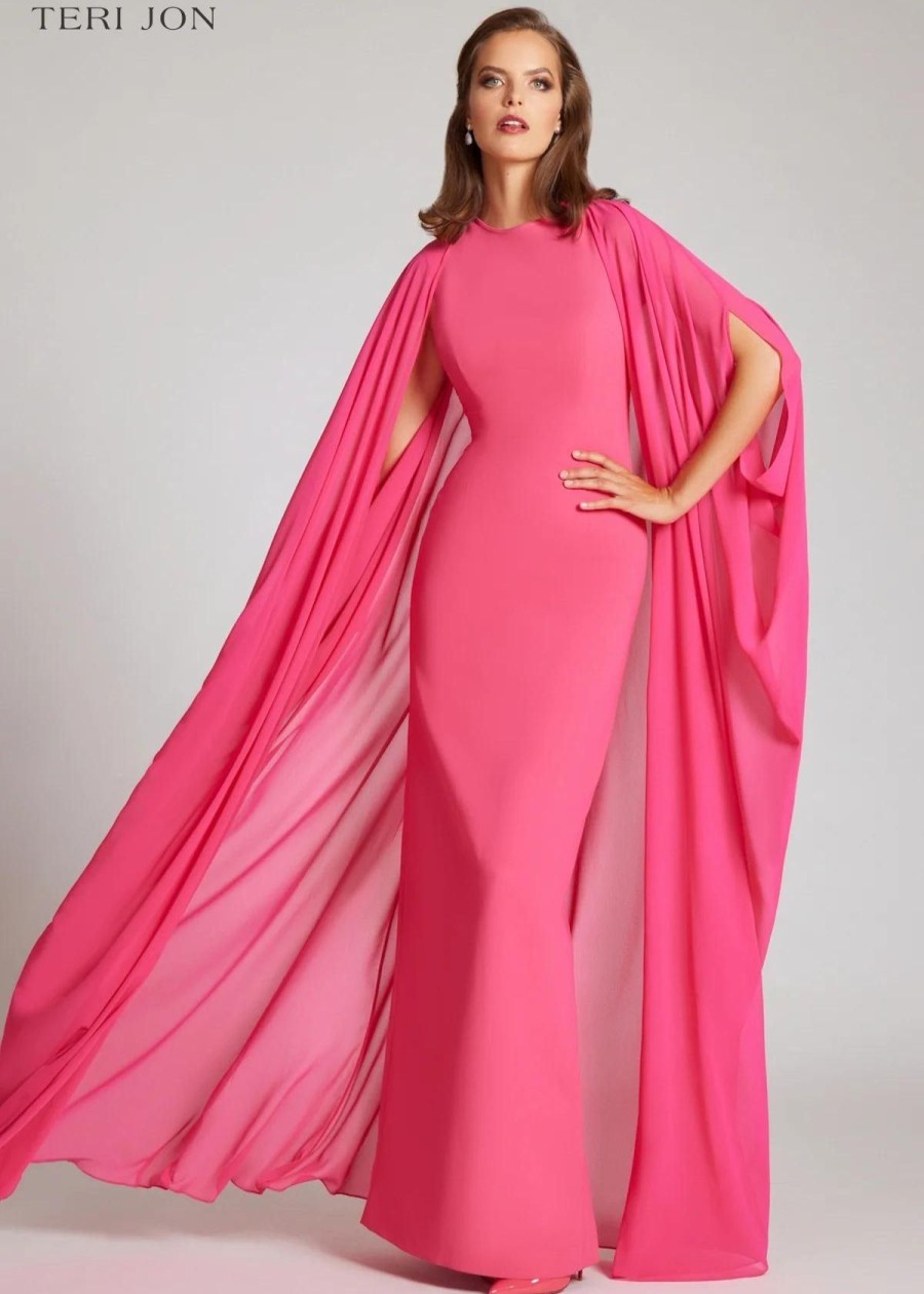 Clothing Teri Jon | Teri Jon Crepe Column Gown With Chiffon Overlay Watermelon