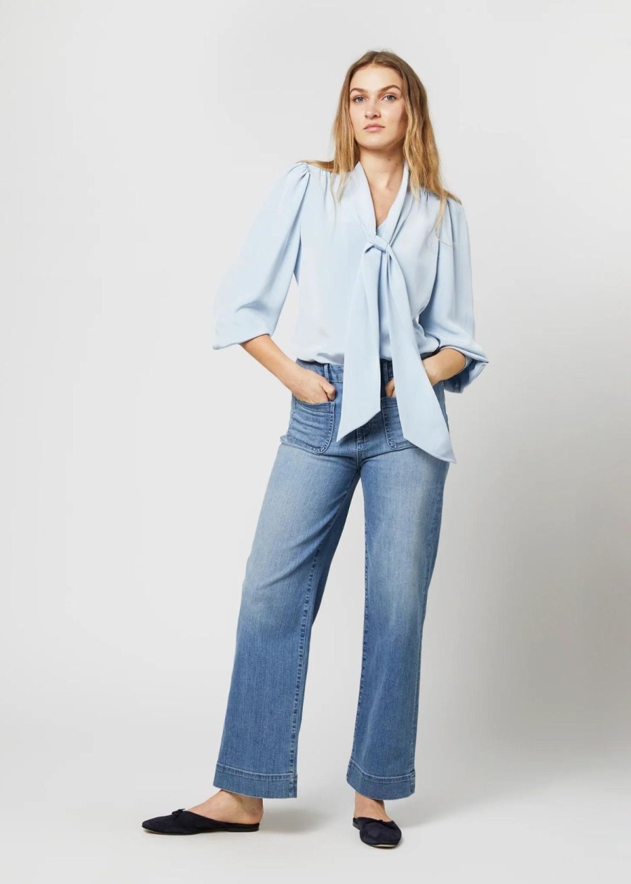 Clothing ANN MASHBURN | Ann Mashburn Helene Tie Neck Top Silk Crepe De Chine Pale Blue