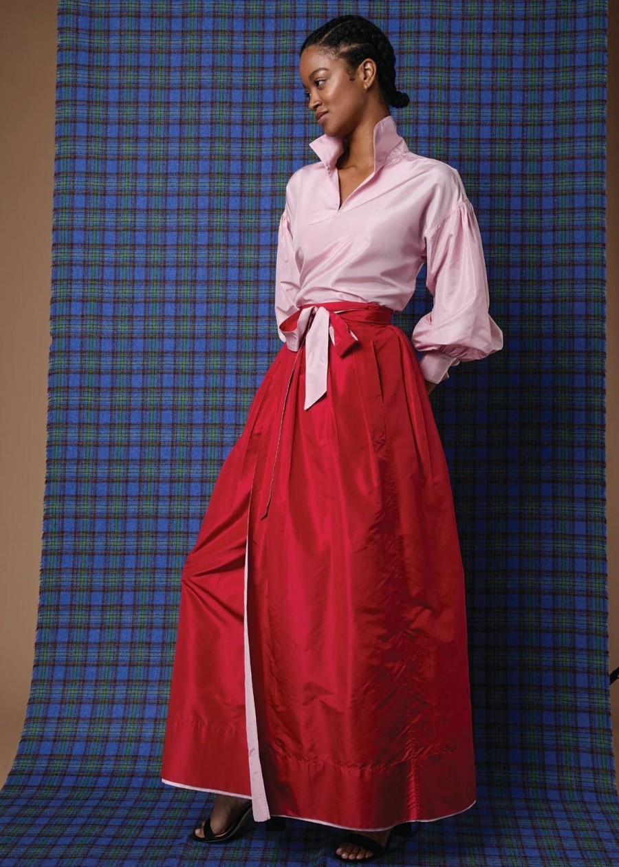 Clothing ANN MASHBURN | Ann Mashburn Reversible Pleated Wrap Skirt Silk Taffeta Light Pink/Red