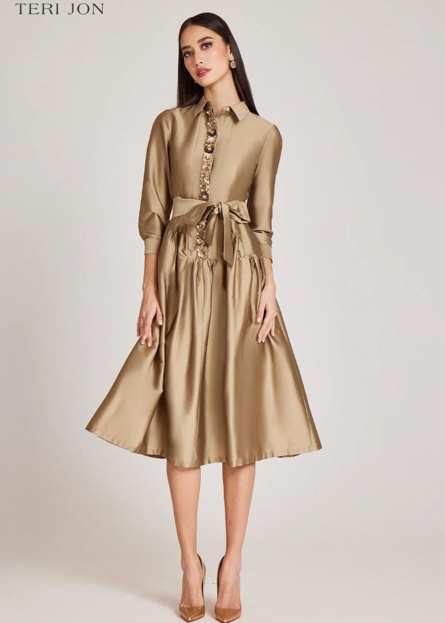 Clothing Teri Jon | Teri Jon Taffeta Shirt Dress With Beaded Placket Gold