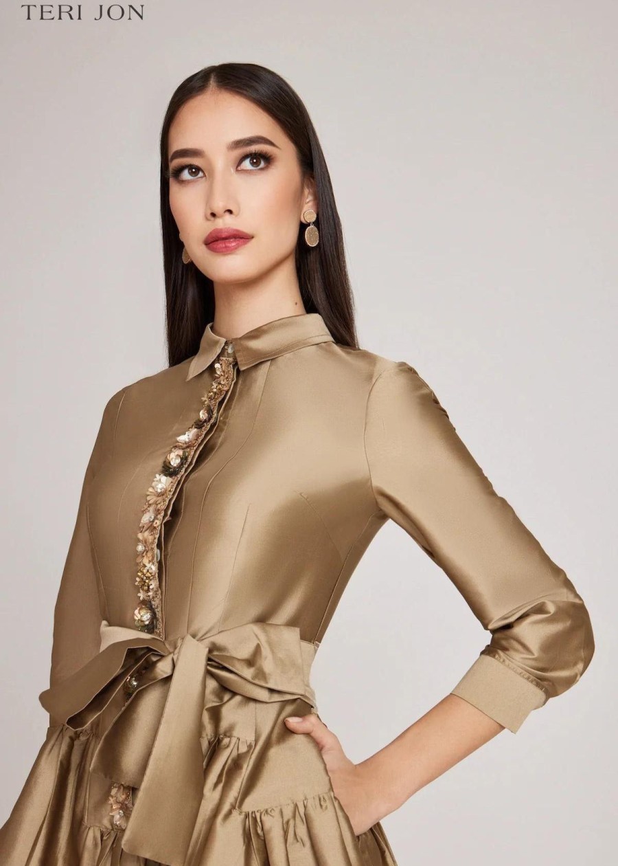 Clothing Teri Jon | Teri Jon Taffeta Shirt Dress With Beaded Placket Gold