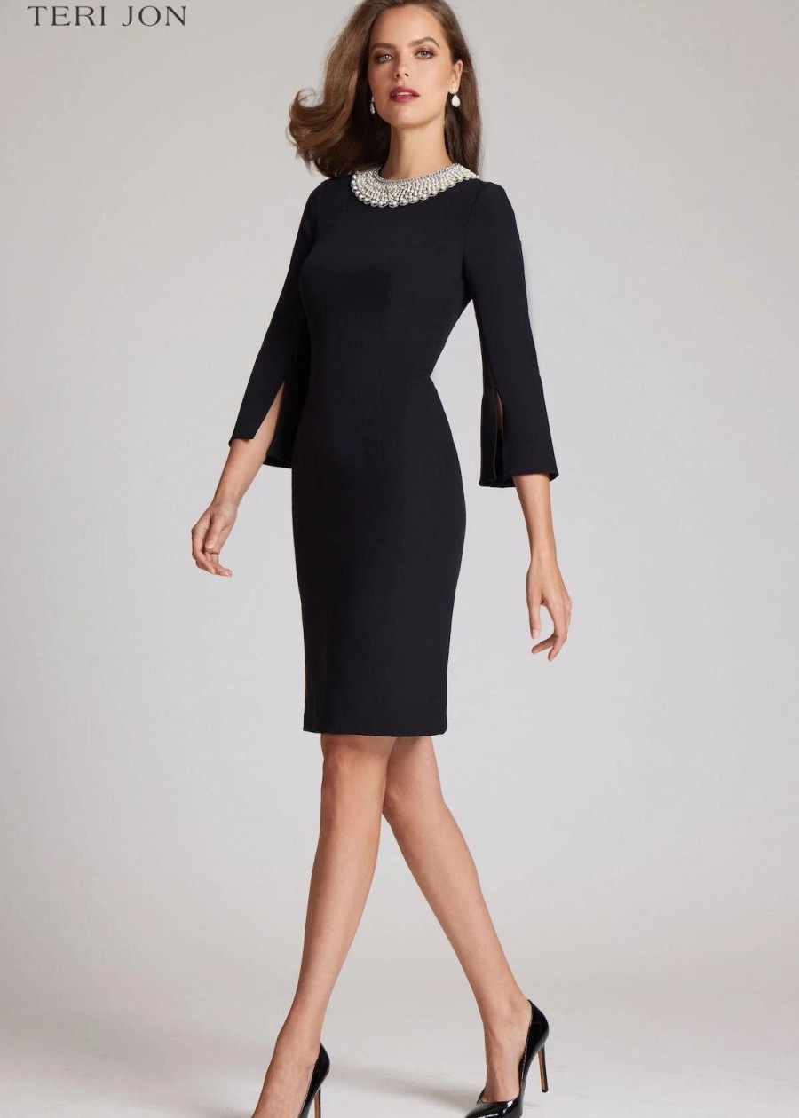 Clothing Teri Jon | Teri Jon Crepe Sheath Dress With Pearl Neckline Black