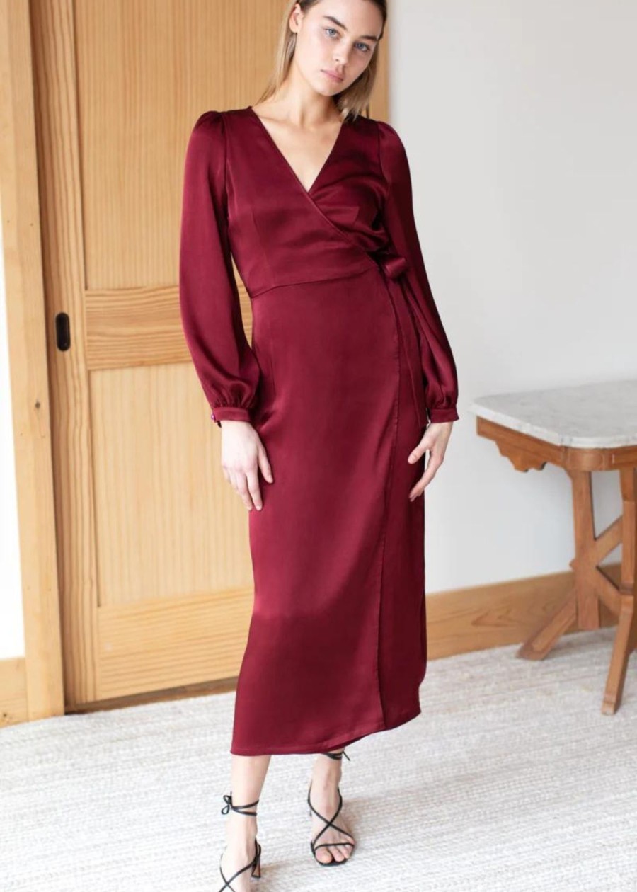 Clothing Emerson Fry | Emerson Fry Bishop Sleeve Dress Cabernet Satin